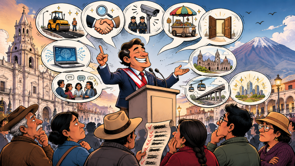 Usted Decide, Ilustración de candidato haciendo varias promesas.